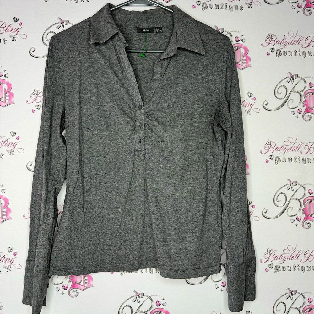 MEXX shirt button down top grey stretchy lounge comfy collar collared long